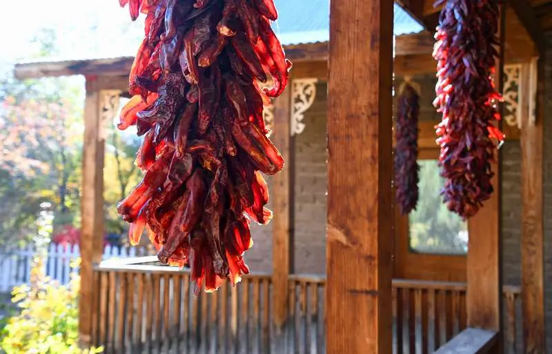 Things to do in Red River NM in summer — dried chile ristras hanging outside a shop on Main Street